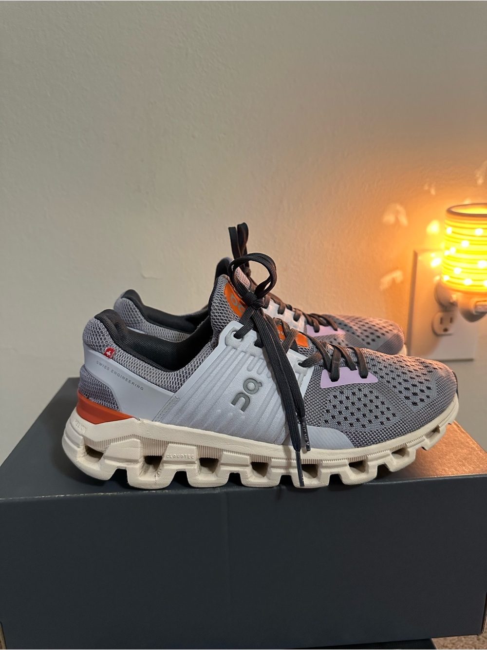 On Cloudswift, Women’s Sneakers - Gray with Orange and Pink Accents. Size 8.5